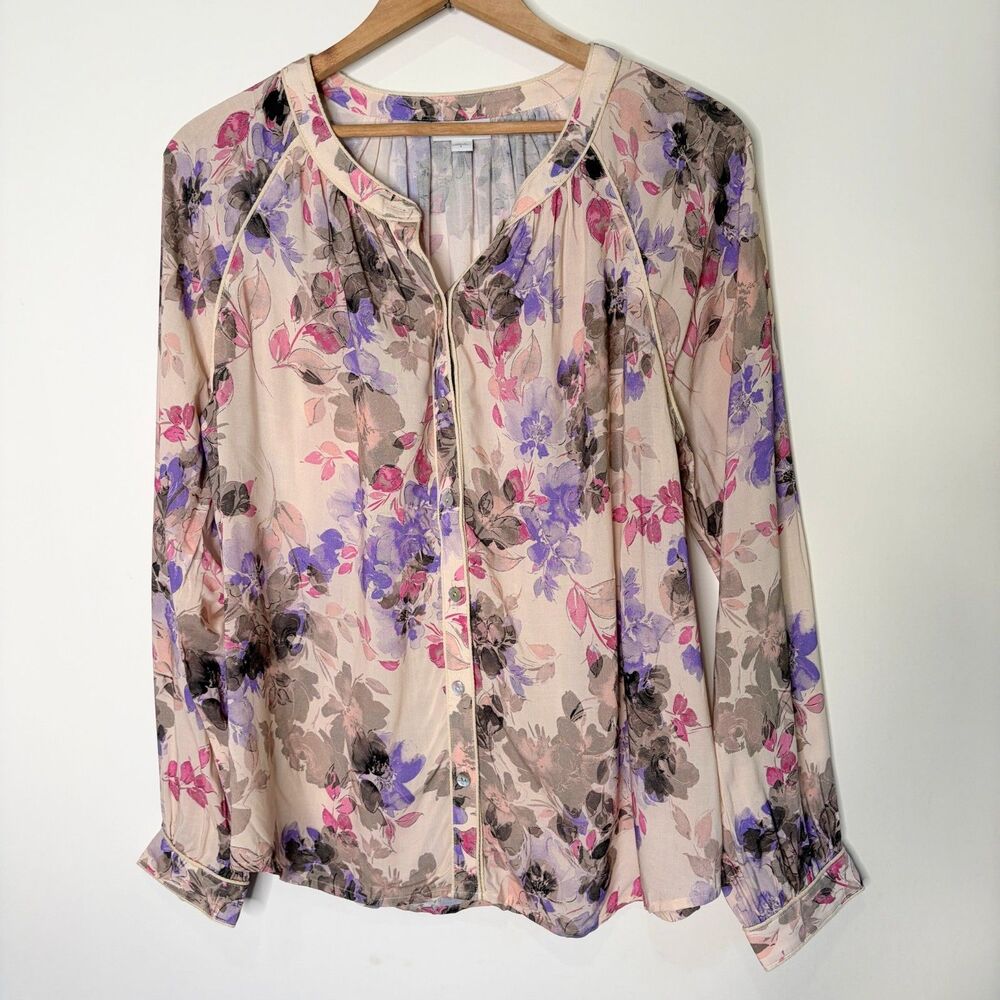 J Jill Blouse Button Up Pink Purple Floral Lightweight Cottagecore Women S M